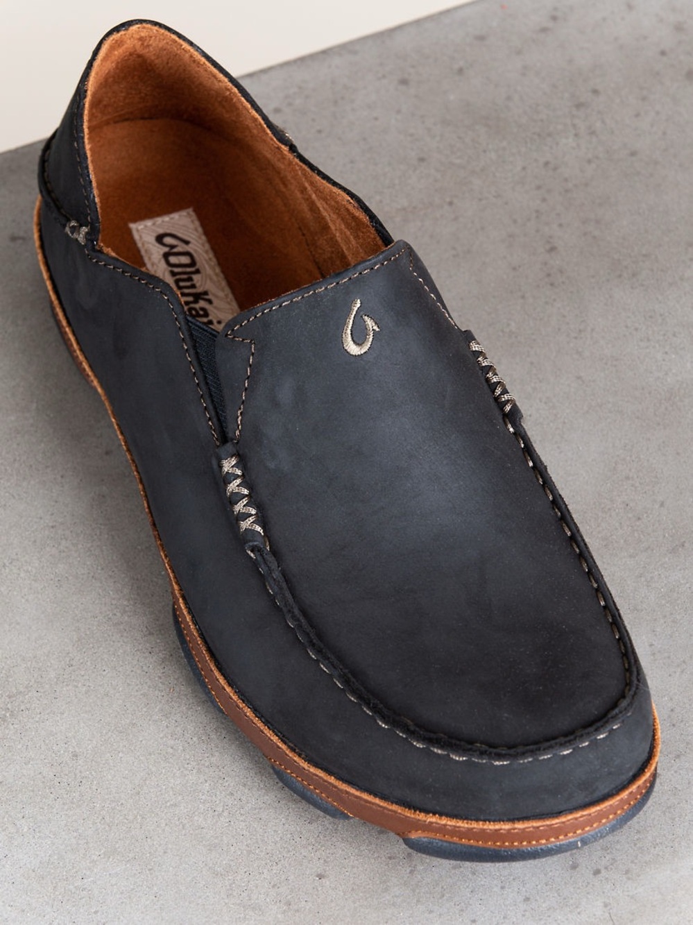 OluKai Moloa Leather Slip On Shoe Drop-In Heel Waxed Nubuck Mens 11.5 Black